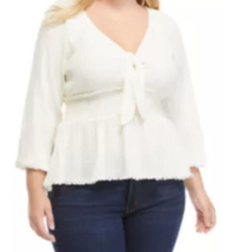 TRUE CRAFT Plus Size Smock Waist Peasant Top in Ivory‎ Bow Tie Detail Blouse 2X